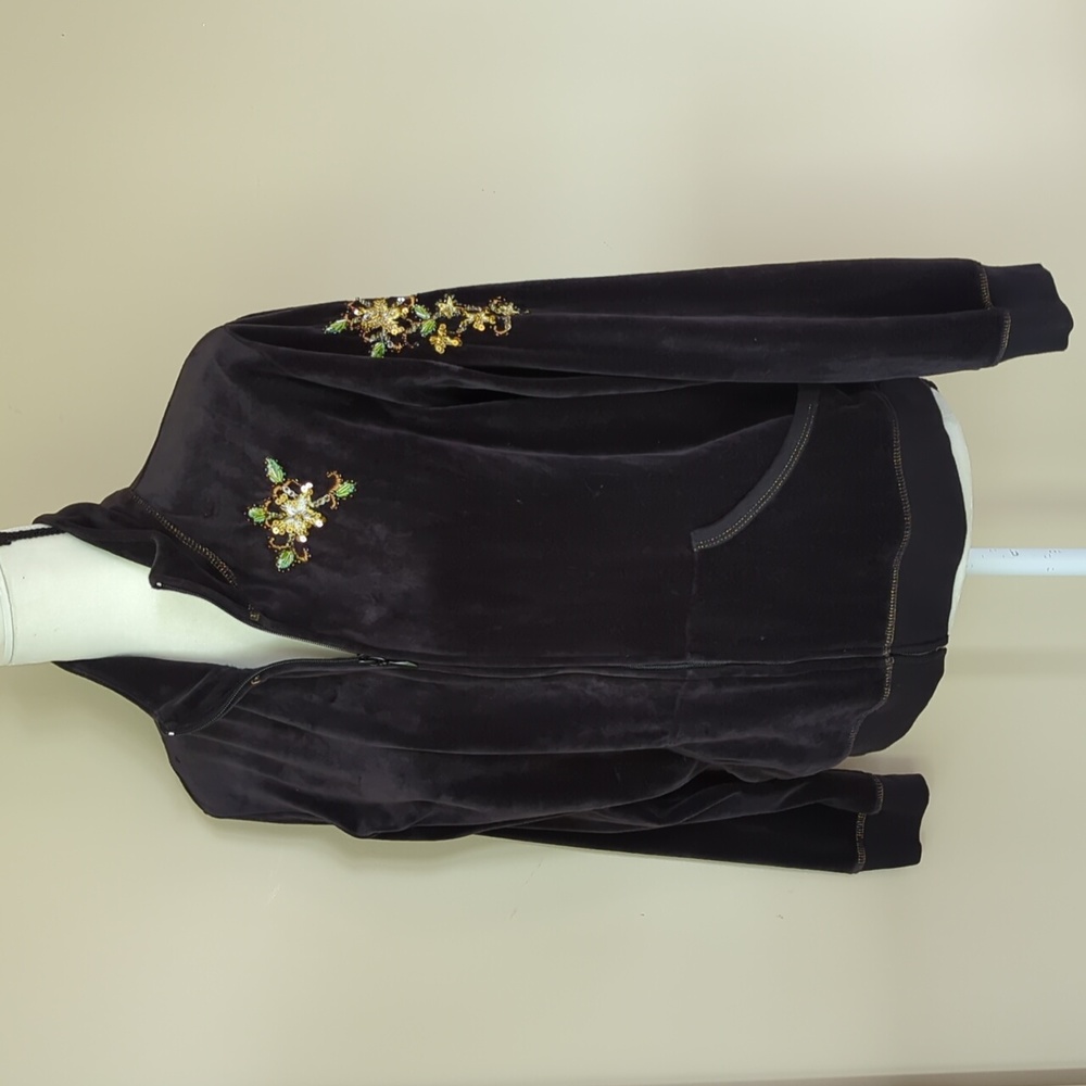 Vintage Embellished Beaded Velvet Velour Zip Up Athletic Jacket L Black